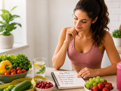 Woman planning a personalized healthy diet with nutritious foods