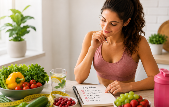 Woman planning a personalized healthy diet with nutritious foods