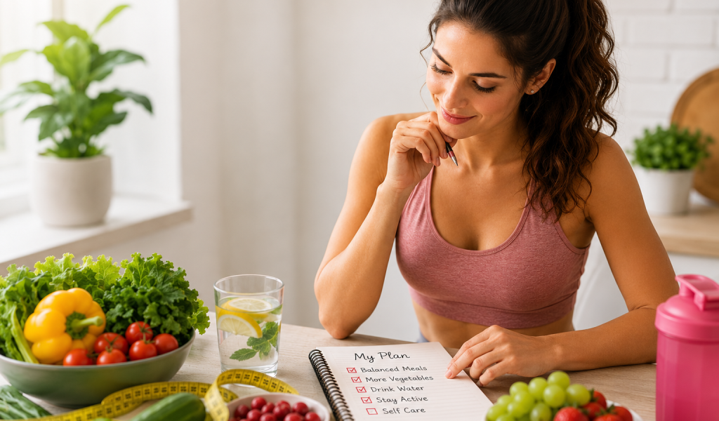 Woman planning a personalized healthy diet with nutritious foods
