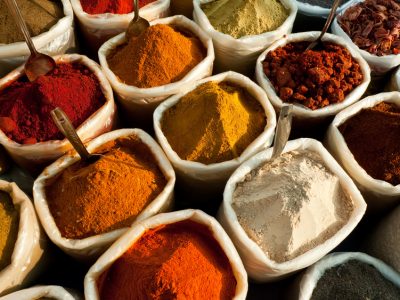 Closeup view of colorful spices at an indian market in Goa