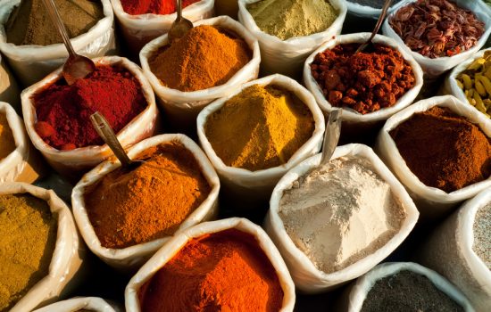 Closeup view of colorful spices at an indian market in Goa