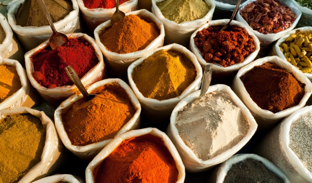 Closeup view of colorful spices at an indian market in Goa
