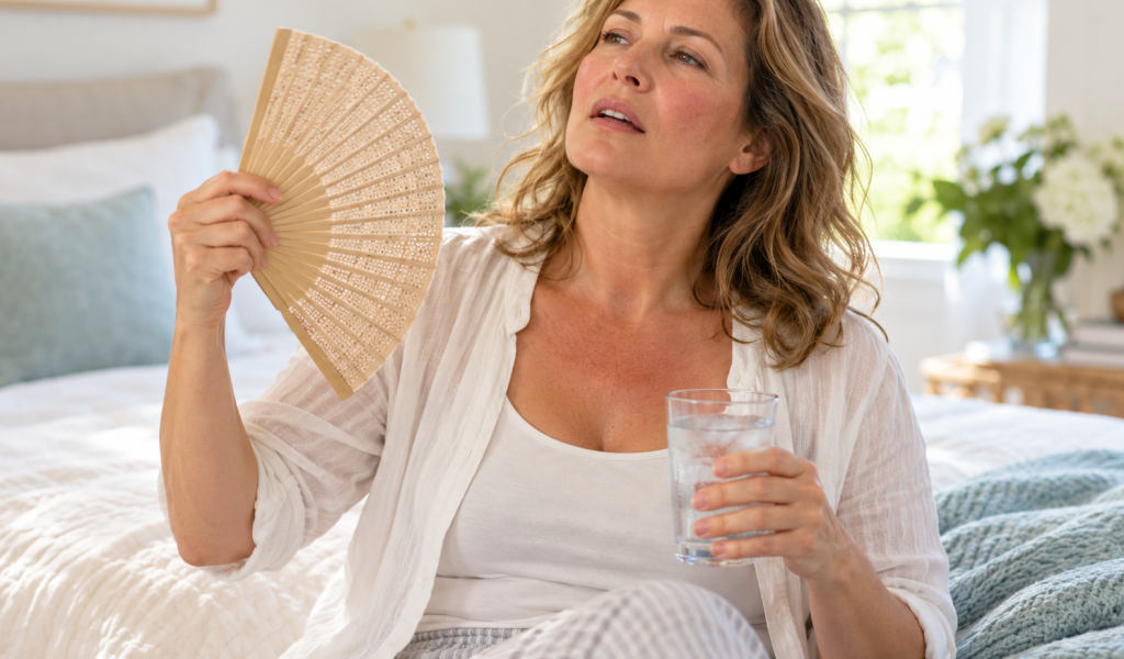 Woman Fanning Herself in Cozy Bedroom